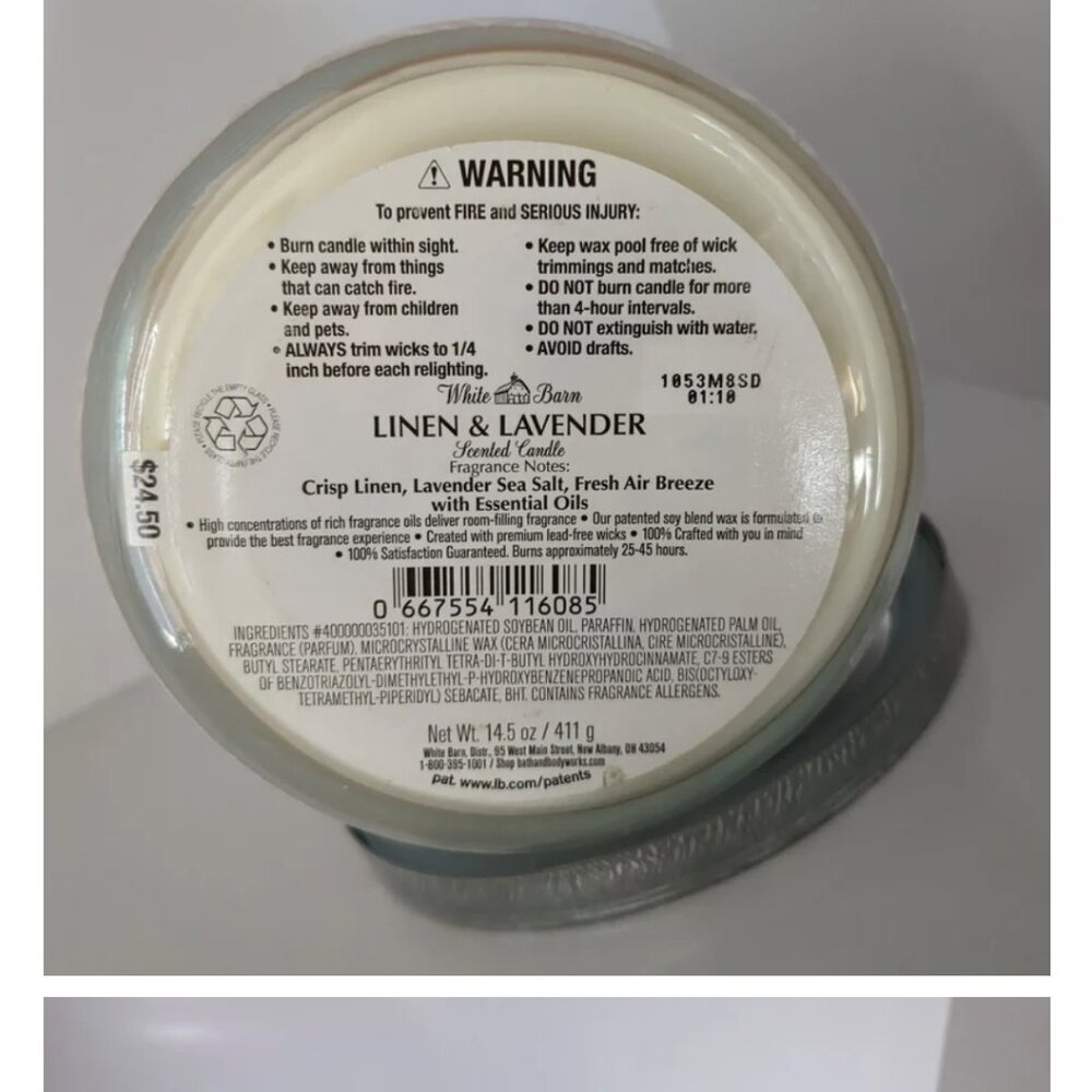 BBW White Barn Dream Linen and Lavender 3 Wick Candle - Picture 2 of 3